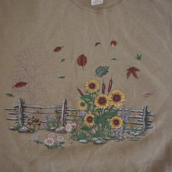 Vintage Morning Sun Tan Fall Graphic Sweatshirt Cabincore Sunflower Garden XL - Picture 6 of 11